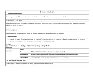 2. Structure of the Project
2.1 Approaching the Problem
¿As making a black line follower robot carrying cotton to the company JGB and improve transport and production?
2.2 Justification of TheProject
This Project is done in order to show how well the line follow robot and its application in everyday life for the implementation in the transport and the
Reduction of cost in the factories.

2.3 General objetive
Develop a black line follower robot that allows the transport of products for better performance and economy
2.4 Specific objetive:
1. Improve the quality of life of people through the creation of artifacts that optimize the production and quality of the products of the company
2. Look for materials that are friendly to the environmental and improve the economy
2.5 scope
2.5.1 Beneficiaries of
TheProject

Employers of big factories seeking a better production
Social

2.5.2 Impact

Economic

Will have a positive Economic impact that will reduce costs an increase profits

Enviro mental

Will have a positive environmental impact that its composition will be environmentally friendly

Technological

Technological impact will improve the economy and innovator in the field of robotics

2.5.3 Restrictions or associated risks:
Could be at risk in terms of the height of the sensors and this would make Reading the line

 