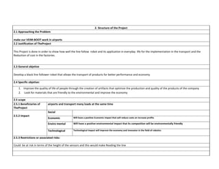 2. Structure of the Project
2.1 Approaching the Problem
make our VEIM-BOOT work in airports
2.2 Justification of TheProject
This Project is done in order to show how well the line follow robot and its application in everyday life for the implementation in the transport and the
Reduction of cost in the factories.

2.3 General objetive
Develop a black line follower robot that allows the transport of products for better performance and economy
2.4 Specific objetive:
1. Improve the quality of life of people through the creation of artifacts that optimize the production and quality of the products of the company
2. Look for materials that are friendly to the environmental and improve the economy
2.5 scope
2.5.1 Beneficiaries of
TheProject

airports and transport many loads at the same time
Social

2.5.2 Impact

Economic

Will have a positive Economic impact that will reduce costs an increase profits

Enviro mental

Will have a positive environmental impact that its composition will be environmentally friendly

Technological

Technological impact will improve the economy and innovator in the field of robotics

2.5.3 Restrictions or associated risks:
Could be at risk in terms of the height of the sensors and this would make Reading the line

 