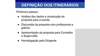 Próximos passos:
● Análise dos dados e construção de
proposta para a escola
● Discussão da proposta com professores e
grêmio
● Apresentação da proposta para Conselho
e Supervisão
● Homologação pelo Dirigente
DEFINIÇÃO DOS ITINERÁRIOS
 