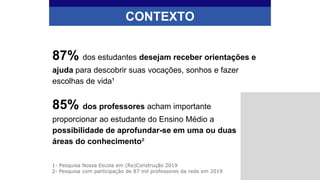 CONTEXTO
87% dos estudantes desejam receber orientações e
ajuda para descobrir suas vocações, sonhos e fazer
escolhas de vida¹
85% dos professores acham importante
proporcionar ao estudante do Ensino Médio a
possibilidade de aprofundar-se em uma ou duas
áreas do conhecimento²
1- Pesquisa Nossa Escola em (Re)Construção 2019
2- Pesquisa com participação de 87 mil professores da rede em 2019
 