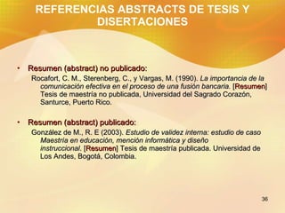 REFERENCIAS ABSTRACTS DE TESIS Y DISERTACIONES <ul><li>Resumen (abstract) no publicado: </li></ul><ul><ul><li>Rocafort, C....