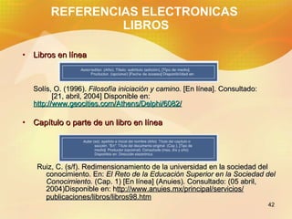 REFERENCIAS ELECTRONICAS  LIBROS <ul><li>Libros en línea </li></ul><ul><li>Solís, O. (1996).  Filosofía iniciación y camin...