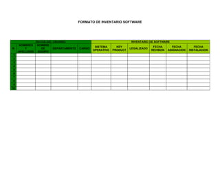 FORMATO DE INVENTARIO SOFTWARE




                 DATOS DEL USUARIO                                      INVENTARIO DE SOFTWARE
     NOMBRES      NOMBRE
                                                   SISTEMA      KEY                   FECHA       FECHA         FECHA
N        Y          DE     DEPARTAMENTO   CARGO                         LEGALIZADO
                                                  OPERATIVO   PRODUCT                REVISION   ASIGNACION   INSTALACION
     APELLIDOS    EQUIPO
 1
 2
 3
 4
 5
 6
 7
 8
 9
10
 