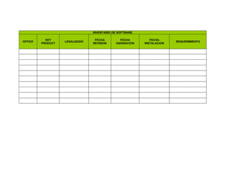 INVENTARIO DE SOFTWARE

           KEY                   FECHA        FECHA         FECHA
OFFICE             LEGALIZADO                                          REQUERIMIENTO
         PRODUCT                REVISION    ASIGNACION   INSTALACION
 