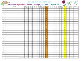 No NOMBRE M
1
J
2
V
3
L
6
M
7
M
8
J
9
V
10
L
13
M
14
M
15
J
16
V
17
L
20
M
21
M
22
J
23
V
24
L
27
M
28
M
29
J
30
V
31
Total
Asist.
Total
Faltas
OSERVACIONES
1 S C
2 U O
3 S N
4 P S
5 E E
6 N J
7 S O
8 I
9 O T
10 N E
11 C
12 D N
13 E I
14 C
15 L O
16 A
17 B E
18 O S
19 R C
20 E O
21 S L
22 A
23 R
24
25
26
total asistencia
Educadora: Eydi Ortiz Grado: 2 Grupo: B MES: Marzo 2017
Lista de asistencia
 