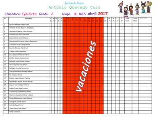 Educadora: Eydi Ortiz Grado: 2 Grupo: B MES abril 2017
Jardín de Niños
Antonio Quevedo Caro
No NOMBRE L
3
M
4
M
5
J
6
V
7
L
10
M
11
M
12
J
13
V
14
L
17
M
18
M
19
J
20
V
21
L
24
M
25
M
26
J
27
V
28
Total
Asist.
Total
Faltas
OBSERVACIONES
1 Aguirre Morales Diego Gael
2 Almeida Ramos Bryanna Stephany
3 Alvarado Villagran Paola Ximena
4 Amatón Ross Jesús Eduardo
5 Baeza Flores Derek Alberto
6 Bustamante Cisneros Valeria Alejandra
7 Camacho Durán Laura Aimee
8 Castillo Morales Yahel Isaí
9 Chávez Piñón Samantha
10 Cruz Salazar Melanie Valeria
11 Del Rio Manzo Dominik Isai
12 Delgado López Nicole Janeth
13 Fierro Corona Axel Arturo
14 Gallegos Estrada Samantha
15 García Mendoza Santiago Adrián
16 Gil Polanco Gema
17 Gómez López Dayana Paulina
18 Hernández Aguilar Bruno Nicolás
19 Jaquez Sáenz Diego Antonio
20 Juárez Prieto Gael Ernesto
21 Loustaunau Castellanos Derek
22 Martínez Gastelum Alexa Yuliana
23 Olivas Maldonado Ingrid Valeria
24 Rodríguez Conde Oscar
25 Soto Gallegos Omar
26 Trejo Galván Iván Omar
Total asistencia
 