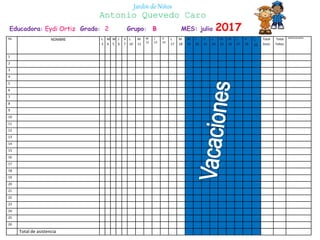 Educadora: Eydi Ortiz Grado: 2 Grupo: B MES: julio 2017
Jardín de Niños
Antonio Quevedo Caro
No NOMBRE L
3
M
4
M
5
J
6
V
7
L
10
M
11
M
12
J
13
V
14
L
17
M
18
M
19
J
20
V
21
L
24
M
25
M
26
J
27
V
28
L
31
Total
Asist.
Total
Faltas
OBSERVACIONES
1
2
3
4
5
6
7
8
9
10
11
12
13
14
15
16
17
18
19
20
21
22
23
24
25
26
Total de asistencia
 