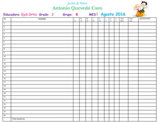 No NOMBRE L
22
M
23
M
24
J
25
V
26
L
29
M
30
M
31
Total
faltas
Total
Asist.
OBSERVACIONES
1
2
3
4
5
6
7
8
9
10
11
12
13
14
15
16
17
18
19
20
21
22
23
24
25
26
Total asistencia
Educadora: Eydi Ortiz Grado: 2 Grupo: B MES: Agosto 2016
Jardín de Niños
Antonio Quevedo Caro
 
