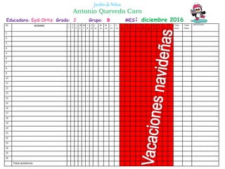 Educadora: Eydi Ortiz Grado: 2 Grupo: B MES: diciembre 2016
Jardín de Niños
Antonio Quevedo Caro
No NOMBRE J
1
V
2
L
5
M
6
M
7
J
8
V
9
L
12
M
13
M
14
J
15
V
16
L
19
M
20
M
21
J
22
V
23
L
26
M
27
M
28
J
29
V
30
Total
Asist.
Total
Faltas
OBSERVACIONES
1
2
3
4
5
6
7
8
9
10
11
12
13
14
15
16
17
18
19
20
21
22
23
24
25
26
Total asistencia
 