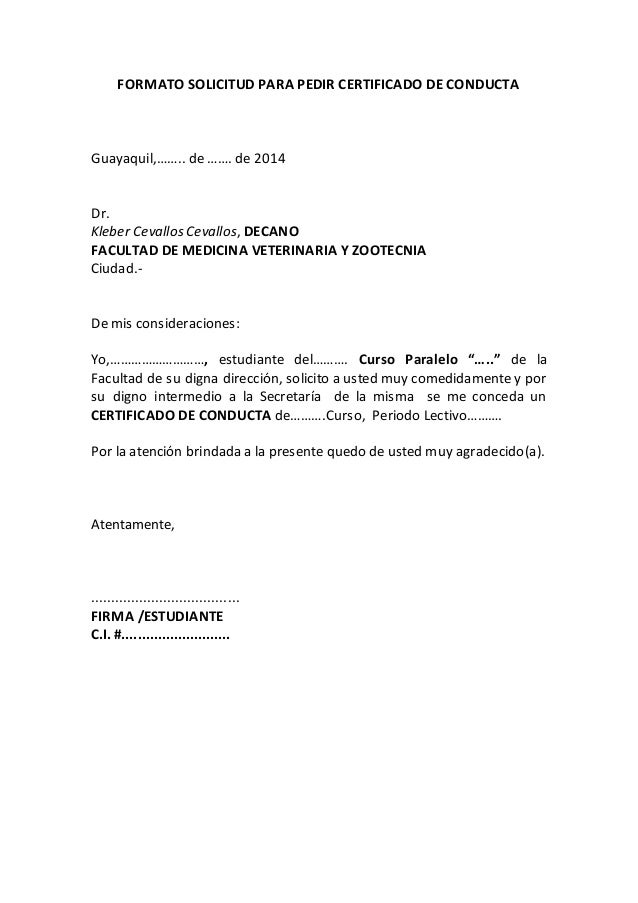 Formato solicitud para pedir certificado de conducta