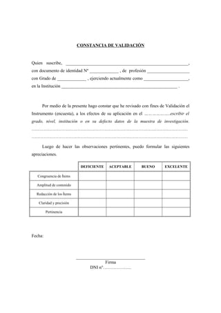 CONSTANCIA DE VALIDACIÓN
Quien suscribe, _______________________________________________________,
con documento de identidad Nº _____________ , de profesión ___________________
con Grado de _____________ , ejerciendo actualmente como ____________________,
en la Institución ____________________________________________________ .
Por medio de la presente hago constar que he revisado con fines de Validación el
Instrumento (encuesta), a los efectos de su aplicación en el ………………..escribir el
grado, nivel, institución o en su defecto datos de la muestra de investigación.
……………………………………………………………………………………………
……………………………………………………………………………………………
Luego de hacer las observaciones pertinentes, puedo formular las siguientes
apreciaciones.
DEFICIENTE ACEPTABLE BUENO EXCELENTE
Congruencia de Ítems
Amplitud de contenido
Redacción de los Ítems
Claridad y precisión
Pertinencia
Fecha:
_______________________________
Firma
DNI n°……………….
 
