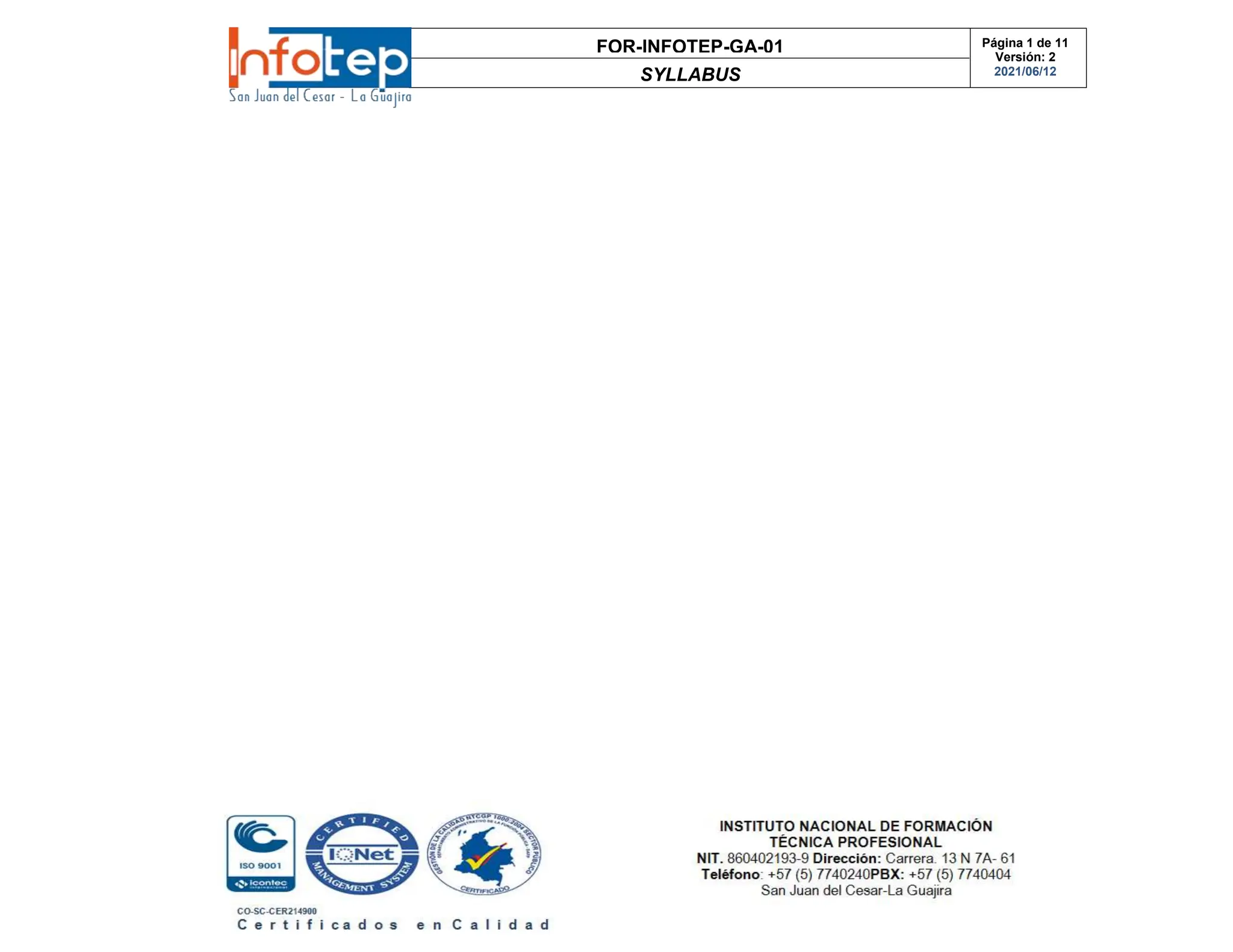 FOR-INFOTEP-GA-01
SYLLABUS
Página 1 de 11
Versión: 2
2021/06/12
 