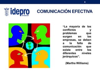 COMUNICACIÓN EFECTIVA
6
“La mayoría de los
conflictos y
problemas que
surgen en las
empresas, se deben
a la falta de
comunicación que
existe entre los
diferentes niveles
jerárquicos”.
(Martha Williams)
 