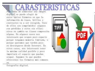 A la hora de almacenar una imagen digital se puede elegir de entre varios formatos en que la información de tonos, brillos y contrastes va a ser recogida. Unos de ellos son comprimidos: algunos con pérdidas y otros sin ellas; otros en cambio no tienen compresión alguna. En algunos casos nos interesará que ocupen poco espacio porque tengamos memoria limitada, o porque queramos que tarden poco en descargarse desde Internet. En otros casos, nos interesará tener la máxima calidad posible y poco importará el espacio que puedan ocupar. Sepamos lo que pueden ofrecernos los formatos más comunes en fotografía digital. CARASTERISTICAS 