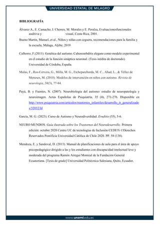 BIBLIOGRAFÍA
Álvarez A., E. Camacho, I. Chorres, M. Morales y E. Peralza, Evaluacionesfuncionales
auditiva y visual, Costa Rica, 2001.
Bueno Martín, Manuel, et al., Niños y niñas con ceguera, recomendaciones para la familia y
la escuela, Málaga, Aljibe, 2019
Calhorro, F.(2011). Genética del autismo. Cahenoarbditis elegans como modelo experimental
en el estudio de la función sináptica neuronal. (Tesis inédita de doctorado).
Universidad de Córdoba, España.
Mulas, F., Ros-Cervera, G., Millá, M. G., Etchepareborda, M. C., Abad, L., & Téllez de
Meneses, M. (2010). Modelos de intervención en niños con autismo. Revista de
neurología, 50(3), 77-84.
Payá, B. y Fuentes, N. (2007). Neurobiología del autismo: estudio de neuropatología y
neuroimagen. Actas Españolas de Psiquiatría, 35 (4), 271-276. Disponible en
http://www.psiquiatria.com/articulos/trastornos_infantiles/desarrollo_tr_generalizado
s/32032/ld
García, M. G. (2023). Curso de Autismo y Neurodiverdidad. Eruditio (55), 5-6.
NEURO MUNDOS. Guía ilustrada sobre los Trastornos del Neurodesarrollo. Primera
edición: octubre 2020 Centro UC de tecnologías de Inclusión CEDETi ©Derechos
Reservados Pontificia Universidad Católica de Chile 2020. PP. 58 (138).
Mendoza, E. y Sandoval, D. (2013). Manual de planificaciones de aula para el área de apoyo
psicopedagógico dirigido a las y los estudiantes con discapacidad intelectual leve y
moderada del programa Ramón Arregui Monreal de la Fundación General
Ecuatoriana. [Tesis de grado] Universidad Politécnica Salesiana, Quito, Ecuador.
 