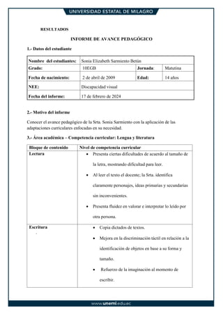 RESULTADOS
INFORME DE AVANCE PEDAGÓGICO
1.- Datos del estudiante
Nombre del estudiantes: Sonia Elizabeth Sarmiento Betún
Grado: 10EGB Jornada: Matutina
Fecha de nacimiento: 2 de abril de 2009 Edad: 14 años
NEE: Discapacidad visual
Fecha del informe: 17 de febrero de 2024
2.- Motivo del informe
Conocer el avance pedagógico de la Srta. Sonia Sarmiento con la aplicación de las
adaptaciones curriculares enfocadas en su necesidad.
3.- Área académica – Competencia curricular: Lengua y literatura
Bloque de contenido Nivel de competencia curricular
Lectura • Presenta ciertas dificultades de acuerdo al tamaño de
la letra, mostrando dificultad para leer.
• Al leer el texto el docente; la Srta. identifica
claramente personajes, ideas primarias y secundarias
sin inconvenientes.
• Presenta fluidez en valorar e interpretar lo leído por
otra persona.
Escritura

• Copia dictados de textos.
• Mejora en la discriminación táctil en relación a la
identificación de objetos en base a su forma y
tamaño.
• Refuerzo de la imaginación al momento de
escribir.
 