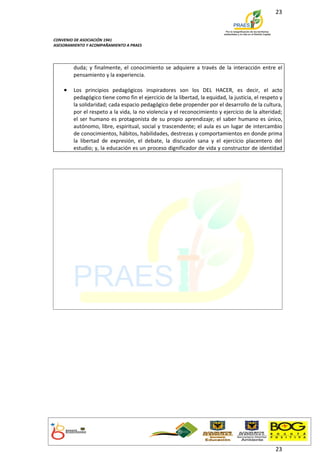 23



CONVENIO DE ASOCIACIÓN 1941
ASESORAMIENTO Y ACOMPAÑAMIENTO A PRAES




        duda; y finalmente, el conocimiento se adquiere a través de la interacción entre el
        pensamiento y la experiencia.

    •   Los principios pedagógicos inspiradores son los DEL HACER, es decir, el acto
        pedagógico tiene como fin el ejercicio de la libertad, la equidad, la justicia, el respeto y
        la solidaridad; cada espacio pedagógico debe propender por el desarrollo de la cultura,
        por el respeto a la vida, la no violencia y el reconocimiento y ejercicio de la alteridad;
        el ser humano es protagonista de su propio aprendizaje; el saber humano es único,
        autónomo, libre, espiritual, social y trascendente; el aula es un lugar de intercambio
        de conocimientos, hábitos, habilidades, destrezas y comportamientos en donde prima
        la libertad de expresión, el debate, la discusión sana y el ejercicio placentero del
        estudio; y, la educación es un proceso dignificador de vida y constructor de identidad




                                                                                                23
 