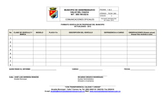 MUNICIPIO DE ANSERMANUEVO                   PAGINA: 1 de 2
                                                                   VALLE DEL CAUCA
                                                                                                          CÓDIGO : 76.041.300
                                                                    NIT : 800.100.532-8
                                                                                                          VERSIÓN:      2

                                                                                                           FECHADE APROBACIÓN:
                                                                COMUNICACIONES OFICIALES                      02 / enero / 2012


                                                          FORMATO VEHÍCULOS DE PROPIEDAD DEL MUNICIPIO
                                                                       ACTUALIZADO - 2012


No   CLASE DE VEHÍCULO Y     MODELO         PLACA Y/o               DESCRIPCIÓN DEL VEHÍCULO                   DEPENDENCIA A CARGO        OBSERVACIONES (Estado actual)
           MARCA                                                                                                                            Anexar foto reciente a color

1

2

3

4

5

6

7

8

QUIEN RINDE EL INFORME: ____________________________                    CARGO: __________________________                             FECHA: ___________________________


_______________________________                                                ______________________________
VoBo. JOSÉ LUIS HERRERA RENDÓN                                                 RICARDO OROZCO RODRÍGUEZ.
      Alcalde Municipal                                                        Auxiliar Administrativo
                                                                               Almacén e Inventarios.

                                            __________________________________________________________________________________
                                                               “CON TRANSPARENCIA, CALIDAD Y UNIDAD”
                                                Alcaldía Municipal / Calle 7 Carrera. 4a, Tel: (092) 2052118 / 2052183. Fax 2052418
                                       E-mail: alcaldia@municipiodeansermanuevo.gov.co Web: www.municipiodeansermanuevo.gov.co
 