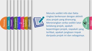 Muka
Depan
Pengenala
n
Objektif
Sasaran
Maklum
at
Program
Kaedah
Pelaksanaa
n
Kewangan
Tentatif
Jawatan
kuasa
Penutup
Menulis sedikit info dan fakta
ringkas berkenaan dengan aktiviti
atau projek yang dirancang.
Menerangkan serba sedikit latar
belakang projek, apakah
kepentingan projek, siapakah yang
terlibat, apakah jangkaan impak
daripada projek ini dan sebagainya.
 