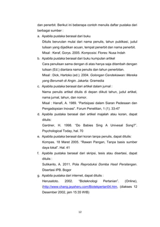 12
dan penerbit. Berikut ini beberapa contoh menulis daftar pustaka dari
berbagai sumber :
a. Apabila pustaka berasal dari buku
Ditulis berurutan mulai dari nama penulis, tahun publikasi, judul
tulisan yang dijadikan acuan, tempat penerbit dan nama penerbit.
Misal : Keraf, Gorys. 2005. Komposisi. Flores: Nusa Indah
b. Apabila pustaka berasal dari buku kumpulan artikel
Cara penulisan sama dengan di atas hanya saja ditambah dengan
tulisan (Ed.) diantara nama penulis dan tahun penerbitan.
Misal : Dick, Hartoko (ed.). 2004. Golongan Cendekiawan: Mereka
yang Berumah di Angin. Jakarta: Gramedia
c. Apabila pustaka berasal dari artikel dalam jurnal :
Nama penulis artikel ditulis di depan diikuti tahun, judul artikel,
nama jurnal, tahun, dan nomor.
Misal : Hanafi, A. 1989. “Partisipasi dalam Siaran Pedesaan dan
Pengadopsian Inovasi”. Forum Penelitian, 1 (1). 33-47
d. Apabila pustaka berasal dari artikel majalah atau koran, dapat
ditulis:
Gardner, H. 1998. “Do Babies Sing A Univesal Song?”.
Psychological Today, hal. 70
e. Apabila pustaka berasal dari koran tanpa penulis, dapat ditulis:
Kompas. 18 Maret 2005. “Rawan Pangan, Tanpa basis sumber
daya lokal”. Hal. 41
f. Apabila pustaka berasal dari skripsi, tesis atau disertasi, dapat
ditulis :
Sutikanto, A. 2011. Pola Reproduksi Domba Hasil Persilangan.
Disertasi IPB. Bogor
g. Apabila pustaka dari internet, dapat ditulis :
Herusatoto. 2002. “Bioteknologi Pertanian”. (Online),
(http://www.chang.jayaheru.com/Biotekpertan04.htm, (diakses 12
Desember 2002, jam 15:35 WIB)
 