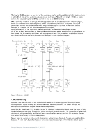 Format Preserving Encryption, Version 1.0, 12.06.2015
27
The key for EME2 consists of one key of the underlying cipher and two additional n-bit blocks, where
n is the block size of the underlying block cipher. So if taken AES with key length 128-bit as block
cipher, the provided key for an EME2 encryption has to be 384 bits long.
EME2 is mainly based on an encrypt-mix-encrypt approach. As can be seen in the following figure,
there is a kind of a layer at the beginning where first all the input data is encrypted. The input
plaintext is divided into blocks of 16 bytes length and encrypted separate. If the input is not a
multiple of 16 bytes, the last block will padded to 16 bytes.
In the middle part of the algorithm, the encrypted data is used to create different masks
(SP,SC,MP,M,MM). With the help of these masks and the given tweak, which is first formatted to a 16-
byte block, the already encrypted data will now calculated xor. This procedure is called the mixing
part. At the end there is a layer where the masked data is encrypted once again.
Figure 8: Procedure of EME2
4.4 Cycle Walking
In some cases we can come to the problem that the result of an encryption is no longer in the
message space. Cycle walking is a technique to deal with this problem. The idea is encrypt the
encrypted output until it is again inside the message space.
In section 4.2 Small Space FPE Schemes we get to know the Feistel construction. How the input is split
in two halves and preceded through the round function in several rounds. The encryption of a decimal
number on a binary alphabet with Feistel is an example where we can run into this situation that an
encryption is no longer in the message space.
Say we want to encrypt an integer with three digits with a binary alphabet. Thereto we need ten bits,
because 2 3
210
. But what happens when we exceed three digits (999)? With ten bits it is also
 