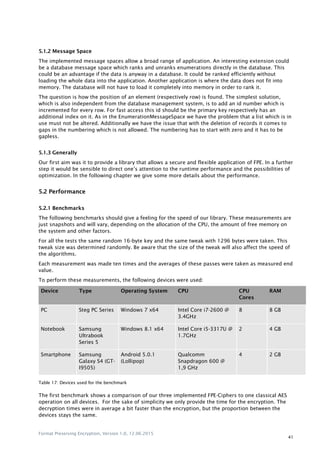 Format Preserving Encryption, Version 1.0, 12.06.2015
41
5.1.2 Message Space
The implemented message spaces allow a broad range of application. An interesting extension could
be a database message space which ranks and unranks enumerations directly in the database. This
could be an advantage if the data is anyway in a database. It could be ranked efficiently without
loading the whole data into the application. Another application is where the data does not fit into
memory. The database will not have to load it completely into memory in order to rank it.
The question is how the position of an element (respectively row) is found. The simplest solution,
which is also independent from the database management system, is to add an id number which is
incremented for every row. For fast access this id should be the primary key respectively has an
additional index on it. As in the EnumerationMessageSpace we have the problem that a list which is in
use must not be altered. Additionally we have the issue that with the deletion of records it comes to
gaps in the numbering which is not allowed. The numbering has to start with zero and it has to be
gapless.
5.1.3 Generally
Our first aim was it to provide a library that allows a secure and flexible application of FPE. In a further
step it would be sensible to direct one‟s attention to the runtime performance and the possibilities of
optimization. In the following chapter we give some more details about the performance.
5.2 Performance
5.2.1 Benchmarks
The following benchmarks should give a feeling for the speed of our library. These measurements are
just snapshots and will vary, depending on the allocation of the CPU, the amount of free memory on
the system and other factors.
For all the tests the same random 16-byte key and the same tweak with 1296 bytes were taken. This
tweak size was determined randomly. Be aware that the size of the tweak will also affect the speed of
the algorithms.
Each measurement was made ten times and the averages of these passes were taken as measured end
value.
To perform these measurements, the following devices were used:
Device Type Operating System CPU CPU
Cores
RAM
PC Steg PC Series Windows 7 x64 Intel Core i7-2600 @
3.4GHz
8 8 GB
Notebook Samsung
Ultrabook
Series 5
Windows 8.1 x64 Intel Core i5-3317U @
1.7GHz
2 4 GB
Smartphone Samsung
Galaxy S4 (GT-
I9505)
Android 5.0.1
(Lollipop)
Qualcomm
Snapdragon 600 @
1,9 GHz
4 2 GB
Table 17: Devices used for the benchmark
The first benchmark shows a comparison of our three implemented FPE-Ciphers to one classical AES
operation on all devices. For the sake of simplicity we only provide the time for the encryption. The
decryption times were in average a bit faster than the encryption, but the proportion between the
devices stays the same.
 
