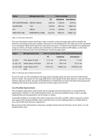 Format Preserving Encryption, Version 1.0, 12.06.2015
42
Cipher Message Space Size Time to encrypt
PC Notebook Smartphone
AES-128 (ECB Mode) 128 bit (1 Block) 0.05 ms 0.36 ms 0.07 ms
KnuthShuffle 7 bit 14.8 ms 86.4 ms 948.4 ms
FFX 128 bit 5.7 ms 34.8 ms 28.9 ms
EME2 (AES-128) 8'000'000 bit (1 MB) 121.8 ms 748.6 ms 5'368.7 ms
Table 18: FPE-cipher benchmark
The next benchmark shows how long it takes to build a string message space which contains all
elements according to the given regular expression. In the background, the regex has to be converted
to an automaton (DFA) which takes the main part of the time. To optimize the speed of an application
using our library, all regex could be pre-converted to a DFA and saved as DFA-object, so this step
would not be necessary every time building the string message space.
Regex Message Space Size Time to convert Regex in DFA and build String MS
PC Notebook Smartphone
[a-z]{1} Tiny-Space (5 bits) 11.6 ms 184.0 ms 1.5 ms
[a-z]{1,22} Small-Space (104 bits) 29.5 ms 245.4 ms 227.2 ms
[a-z]{1,500} Large-Space (2351
bits)
559.9 ms 3'080.0 ms 100'582.9 ms
Table 19: Message space building benchmark
As can be seen, on the smartphone the large-space message space has over one and a half minute
until it is built. The reason for this huge difference to the speed of the other devices is the lack of free
memory. Because of that, the Java Virtual Machine on Android has to clean the heap continuously and
reallocate the memory during the conversion and this takes a lot of time.
5.2.2 Possible Improvements
The encryption algorithms itself should not be changed and most likely there is no potential for
optimization. However in the implementation there are several possibilities how a step is actually
implemented and consequently it can be faster or slower.
A possible strategy is to analyze the code at execution time with a profiler, which measures runtime
and usage of the varying methods. One could then focus on the methods which are called often or
use a lot of CPU time and try to optimize it.
Because Java Code optimization is big and a complex theme and not the focus of our work, it is not
treated further here.
 