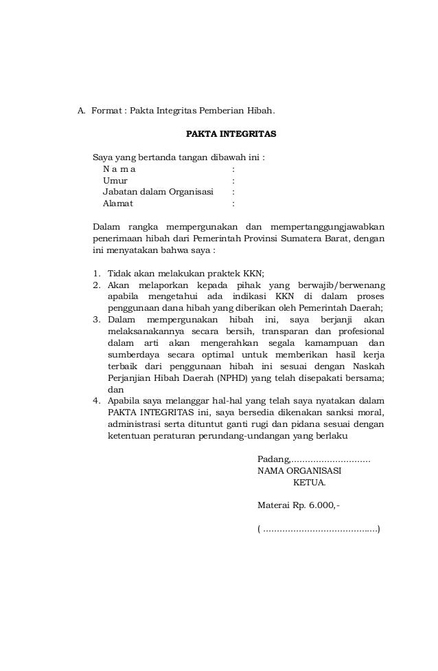 Contoh Surat Pakta Integritas Dana Hibah Contoh Surat Contoh Surat Pakta Integritas Dana Hibah Contoh Surat