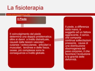 La fisioterapia
www.sclerosistemica.info

          Il Piede

                                           Il piede, a differenza
                                           della mano, è
                                           soggetto ad un fattore
  Il coinvolgimento del piede              aggravante, il carico,
  determina una doppia problematica;       che comporta
  oltre ai danni a livello distrettuale,   continue sollecitazioni
  causati dalle lesioni vascolari,         pressorie, causa di
  cutanee / sottocutanee, articolari e     una distribuzione
  muscolari, tendinee e delle fasce,       disomogenea del
  ossee, più complesse sono le             peso corporeo, il che
  conseguenze a livello globale.           favorisce l’evoluzione
                                           e la gravità delle
                                           deformità.
 