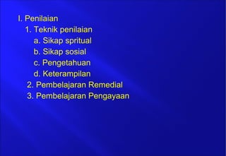 I. Penilaian
1. Teknik penilaian
a. Sikap spritual
b. Sikap sosial
c. Pengetahuan
d. Keterampilan
2. Pembelajaran Remedial
3. Pembelajaran Pengayaan
 