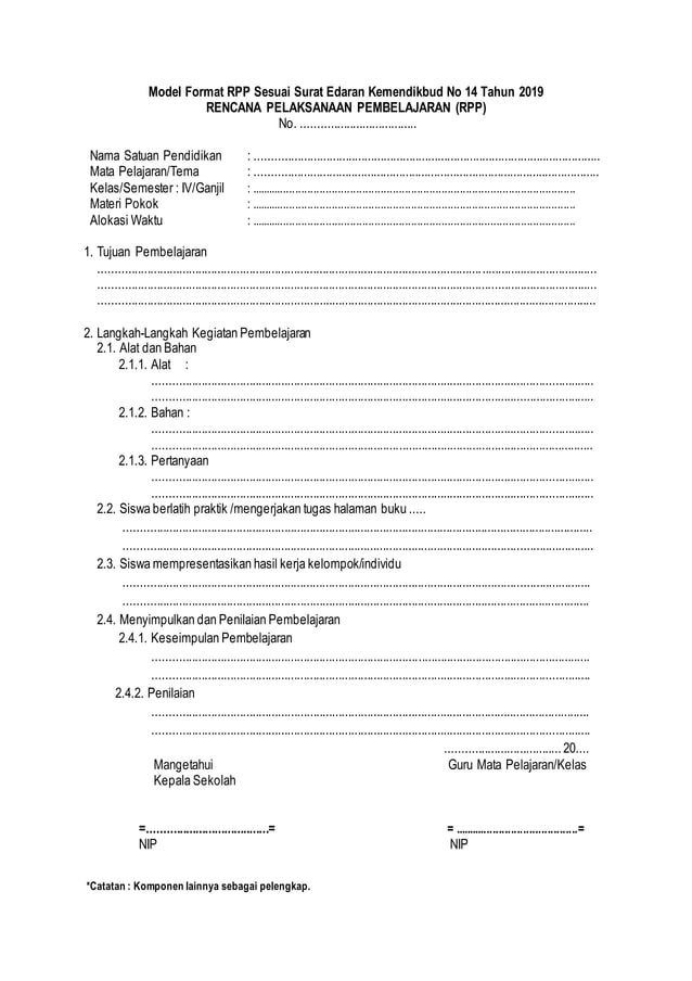 Format rpp sesuai surat edaran mendikbud no 14 tahun 2019 | DOCX