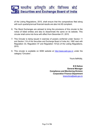 Page 3 of 26
of the Listing Regulations, 2015, shall ensure that the comparatives filed along
with such quarterly/annual financial results are also Ind AS compliant.
6. The Stock Exchanges are advised to bring the provisions of this circular to the
notice of listed entities and also to disseminate the same on its website. This
circular shall come into force with effect from December 01, 2015.
7. This Circular is being issued in exercise of powers conferred under Section 11
and Section 11A of the Securities and Exchange Board of India Act, 1992 read with
Regulation 33, Regulation 47 and Regulation 101(2) of the Listing Regulations,
2015.
8. This circular is available on SEBI website at http://www.sebi.gov.in under the
category “Circulars”.
Yours faithfully,
B N Sahoo
General Manager
Compliance and Monitoring Division
Corporation Finance Department
biranchins@sebi.gov.in
 