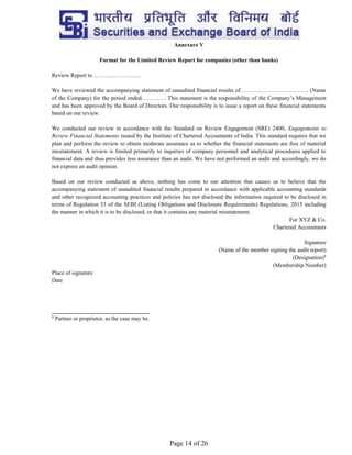 Page 14 of 26
Annexure V
Format for the Limited Review Report for companies (other than banks)
Review Report to …………………….
We have reviewed the accompanying statement of unaudited financial results of …………………………….. (Name
of the Company) for the period ended…………. This statement is the responsibility of the Company’s Management
and has been approved by the Board of Directors. Our responsibility is to issue a report on these financial statements
based on our review.
We conducted our review in accordance with the Standard on Review Engagement (SRE) 2400, Engagements to
Review Financial Statements issued by the Institute of Chartered Accountants of India. This standard requires that we
plan and perform the review to obtain moderate assurance as to whether the financial statements are free of material
misstatement. A review is limited primarily to inquiries of company personnel and analytical procedures applied to
financial data and thus provides less assurance than an audit. We have not performed an audit and accordingly, we do
not express an audit opinion.
Based on our review conducted as above, nothing has come to our attention that causes us to believe that the
accompanying statement of unaudited financial results prepared in accordance with applicable accounting standards
and other recognized accounting practices and policies has not disclosed the information required to be disclosed in
terms of Regulation 33 of the SEBI (Listing Obligations and Disclosure Requirements) Regulations, 2015 including
the manner in which it is to be disclosed, or that it contains any material misstatement.
For XYZ & Co.
Chartered Accountants
Signature
(Name of the member signing the audit report)
(Designation)1
(Membership Number)
Place of signature
Date
__________________________________
1
Partner or proprietor, as the case may be.
 