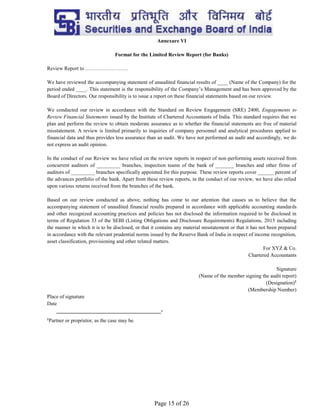 Page 15 of 26
Annexure VI
Format for the Limited Review Report (for Banks)
Review Report to …………………….
We have reviewed the accompanying statement of unaudited financial results of ____ (Name of the Company) for the
period ended ____. This statement is the responsibility of the Company’s Management and has been approved by the
Board of Directors. Our responsibility is to issue a report on these financial statements based on our review.
We conducted our review in accordance with the Standard on Review Engagement (SRE) 2400, Engagements to
Review Financial Statements issued by the Institute of Chartered Accountants of India. This standard requires that we
plan and perform the review to obtain moderate assurance as to whether the financial statements are free of material
misstatement. A review is limited primarily to inquiries of company personnel and analytical procedures applied to
financial data and thus provides less assurance than an audit. We have not performed an audit and accordingly, we do
not express an audit opinion.
In the conduct of our Review we have relied on the review reports in respect of non-performing assets received from
concurrent auditors of _________ branches, inspection teams of the bank of _______ branches and other firms of
auditors of _________ branches specifically appointed for this purpose. These review reports cover ______ percent of
the advances portfolio of the bank. Apart from these review reports, in the conduct of our review, we have also relied
upon various returns received from the branches of the bank.
Based on our review conducted as above, nothing has come to our attention that causes us to believe that the
accompanying statement of unaudited financial results prepared in accordance with applicable accounting standards
and other recognized accounting practices and policies has not disclosed the information required to be disclosed in
terms of Regulation 33 of the SEBI (Listing Obligations and Disclosure Requirements) Regulations, 2015 including
the manner in which it is to be disclosed, or that it contains any material misstatement or that it has not been prepared
in accordance with the relevant prudential norms issued by the Reserve Bank of India in respect of income recognition,
asset classification, provisioning and other related matters.
For XYZ & Co.
Chartered Accountants
Signature
(Name of the member signing the audit report)
(Designation)1
(Membership Number)
Place of signature
Date
________________________________________-
1
Partner or proprietor, as the case may be.
 