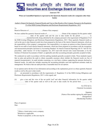 Page 16 of 26
Annexure VII
When an Unmodified Opinion is expressed on the Quarterly financial results (for companies other than
banks)
Auditor’s Report On Quarterly Financial Results and Year to Date Results of the Company Pursuant to the Regulation
33 of the SEBI (Listing Obligations and Disclosure Requirements) Regulations, 2015
To
Board of Directors of ……………………. (Name of the company)
We have audited the quarterly financial results of ……………………… (Name of the company) for the quarter ended
………………………. (date of the quarter end) and the year to date results for the period ……………. to
…………………, attached herewith, being submitted by the company pursuant to the requirement of Regulation 33 of
the SEBI (Listing Obligations and Disclosure Requirements) Regulations, 2015. These quarterly financial results as
well as the year to date financial results have been prepared on the basis of the interim financial statements, which are
the responsibility of the company’s management. Our responsibility is to express an opinion on these financial results
based on our audit of such interim financial statements, which have been prepared in accordance with the recognition
and measurement principles laid down in Accounting Standard for Interim Financial Reporting (AS 25 / Ind AS 34),
prescribed, under Section 133 of the Companies Act, 2013 read with relevant rules issued thereunder; or by the
Institute of Chartered Accountants of India1
, as applicable and other accounting principles generally accepted in India.
We conducted our audit in accordance with the auditing standards generally accepted in India. Those standards require
that we plan and perform the audit to obtain reasonable assurance about whether the financial results are free of
material misstatement(s). An audit includes examining, on a test basis, evidence supporting the amounts disclosed as
financial results. An audit also includes assessing the accounting principles used and significant estimates made by
management. We believe that our audit provides a reasonable basis for our opinion.
In our opinion and to the best of our information and according to the explanations given to us these quarterly financial
results as well as the year to date results:
(i) are presented in accordance with the requirements of Regulation 33 of the SEBI (Listing Obligations and
Disclosure Requirements) Regulations, 2015 in this regard; and
(ii) give a true and fair view of the net profit/ loss2
and other financial information for the quarter ended
……………… (date of the quarter end) as well as the year to date results for the period from …………… to
………………….
For XYZ & Co.
Chartered Accountants
Signature
(Name of the member signing the audit report)
(Designation)3
(Membership Number)
Place of signature
Date
______________________________
1
Where, a listed entity is not a company.
2
Whichever is applicable.
3
Partner or proprietor, as the case may be
 