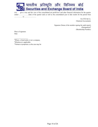 Page 18 of 26
(iii) give a true and fair view of the consolidated net profit/loss2
and other financial information for the quarter
ended ………………(date of the quarter end) as well as the consolidated year to date results for the period from
…………… to ………………….
For XYZ & Co.
Chartered Accountants
Signature (Name of the member signing the audit report)
(Designation)3
(Membership Number)
Place of signature
Date
_________________
1
Where, a listed entity is not a company.
2
Whichever is applicable.
3
Partner or proprietor, as the case may be
 