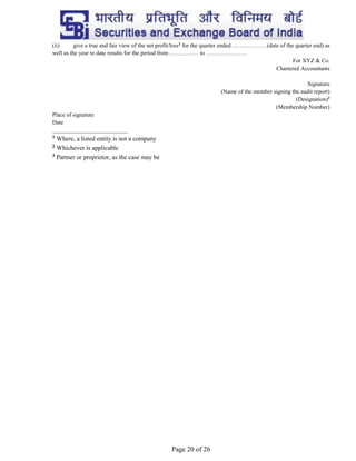 Page 20 of 26
(ii) give a true and fair view of the net profit/loss2
for the quarter ended ………………(date of the quarter end) as
well as the year to date results for the period from …………… to …………………
For XYZ & Co.
Chartered Accountants
Signature
(Name of the member signing the audit report)
(Designation)3
(Membership Number)
Place of signature
Date
__________________________
1 Where, a listed entity is not a company
2 Whichever is applicable
3 Partner or proprietor, as the case may be
 