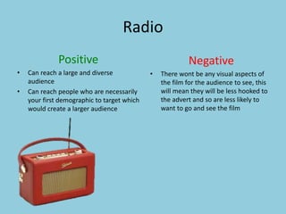 Radio 
Positive 
• Can reach a large and diverse 
audience 
• Can reach people who are necessarily 
your first demographic to target which 
would create a larger audience 
Negative 
• There wont be any visual aspects of 
the film for the audience to see, this 
will mean they will be less hooked to 
the advert and so are less likely to 
want to go and see the film 
