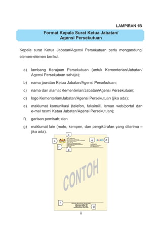 ii
LAMPIRAN 1B
Format Kepala Surat Ketua Jabatan/
Agensi Persekutuan
Kepala surat Ketua Jabatan/Agensi Persekutuan perlu mengandungi
elemen-elemen berikut:
a) lambang Kerajaan Persekutuan (untuk Kementerian/Jabatan/
Agensi Persekutuan sahaja);
b) nama jawatan Ketua Jabatan/Agensi Persekutuan;
c) nama dan alamat Kementerian/Jabatan/Agensi Persekutuan;
d) logo Kementerian/Jabatan/Agensi Persekutuan (jika ada);
e) maklumat komunikasi (telefon, faksimili, laman web/portal dan
e-mel rasmi Ketua Jabatan/Agensi Persekutuan);
f) garisan pemisah; dan
g) maklumat lain (moto, kempen, dan pengiktirafan yang diterima –
jika ada).
a
f
f
b
c
g
e d
 