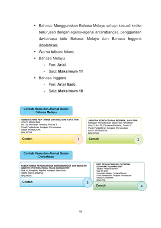 vi
 Bahasa: Menggunakan Bahasa Melayu sahaja kecuali ketika
berurusan dengan agensi-agensi antarabangsa, penggunaan
dwibahasa iaitu Bahasa Melayu dan Bahasa Inggeris
dibolehkan;
 Warna tulisan: hitam;
 Bahasa Melayu
- Fon: Arial
- Saiz: Maksimum 11
 Bahasa Inggeris
- Fon: Arial Italic
- Saiz: Maksimum 10
Contoh Nama dan Alamat Dalam
Bahasa Melayu
Contoh Nama dan Alamat Dalam
Dwibahasa
Contoh Nama dan Alamat Dalam
Bahasa Melayu
Contoh Nama dan Alamat Dalam
Dwibahasa
1
3
2
4
 