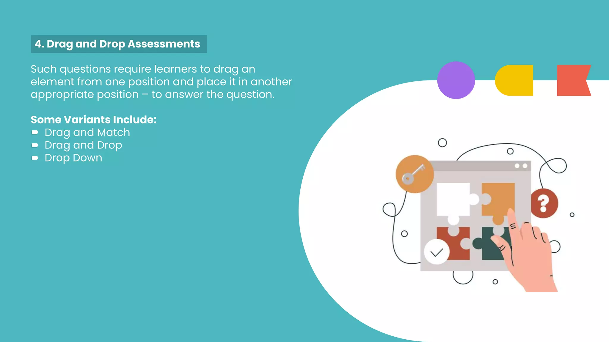 Such questions require learners to drag an
element from one position and place it in another
appropriate position – to answer the question.
Some Variants Include:
Drag and Match
Drag and Drop
Drop Down
4. Drag and Drop Assessments
 
