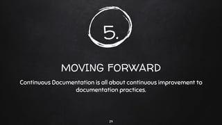 5.
MOVING FORWARD
Continuous Documentation is all about continuous improvement to
documentation practices.
29
 