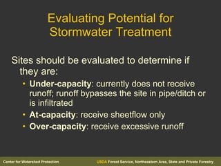 Evaluating Potential for Stormwater Treatment Sites should be evaluated to determine if they are: Under-capacity : currently does not receive runoff; runoff bypasses the site in pipe/ditch or is infiltrated At-capacity : receive sheetflow only Over-capacity : receive excessive runoff 