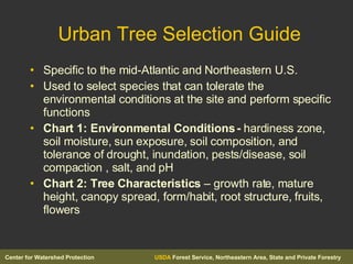 Urban Tree Selection Guide Specific to the mid-Atlantic and Northeastern U.S. Used to select species that can tolerate the environmental conditions at the site and perform specific functions Chart 1: Environmental Conditions -  hardiness zone, soil moisture, sun exposure, soil composition, and tolerance of drought, inundation, pests/disease, soil compaction , salt, and pH Chart 2: Tree Characteristics  – growth rate, mature height, canopy spread, form/habit, root structure, fruits, flowers 