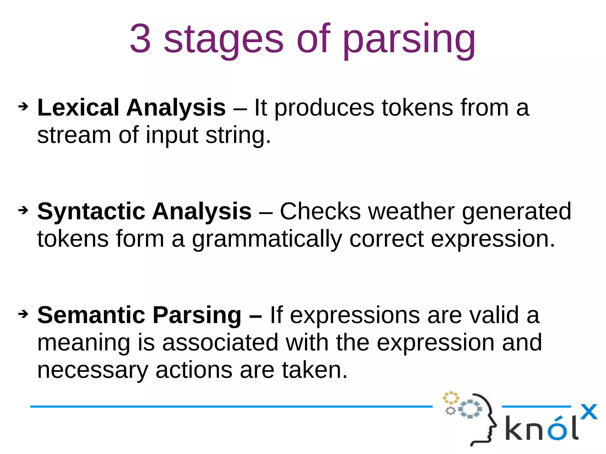 3 stages of parsing
➔ Lexical Analysis – It produces tokens from a
stream of input string.
➔ Syntactic Analysis – Checks weather generated
tokens form a grammatically correct expression.
➔ Semantic Parsing – If expressions are valid a
meaning is associated with the expression and
necessary actions are taken.
 