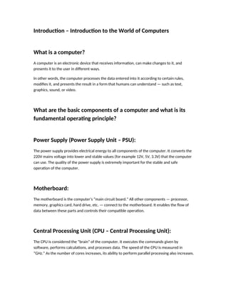 Introduction to the World of Computers (Hardware & Software) | DOCX