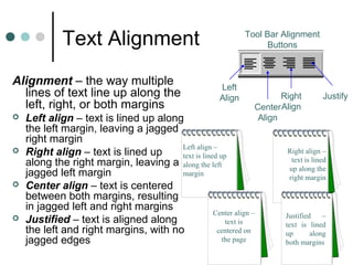 Text Alignment
Alignment – the way multiple
lines of text line up along the
left, right, or both margins
 Left align – text is lined up along
the left margin, leaving a jagged
right margin
 Right align – text is lined up
along the right margin, leaving a
jagged left margin
 Center align – text is centered
between both margins, resulting
in jagged left and right margins
 Justified – text is aligned along
the left and right margins, with no
jagged edges
Tool Bar Alignment
Buttons
Left
Align
Center
Align
Right
Align
Justify
Left align –
text is lined up
along the left
margin
Center align –
text is
centered on
the page
Right align –
text is lined
up along the
right margin
Justified –
text is lined
up along
both margins
 
