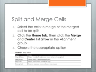 Split and Merge Cells
1.   Select the cells to merge or the merged
     cell to be split
2.   Click the Home tab, then click the Merge
     and Center list arrow in the Alignment
     group
3.   Choose the appropriate option
 