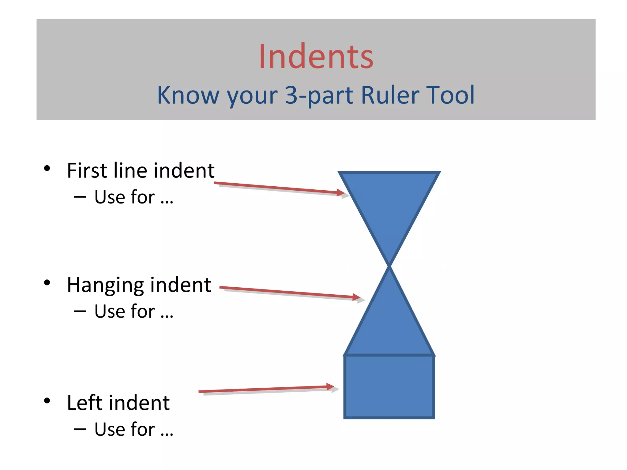Indents
Know your 3-part Ruler Tool
• First line indent
– Use for …
• Hanging indent
– Use for …
• Left indent
– Use for …