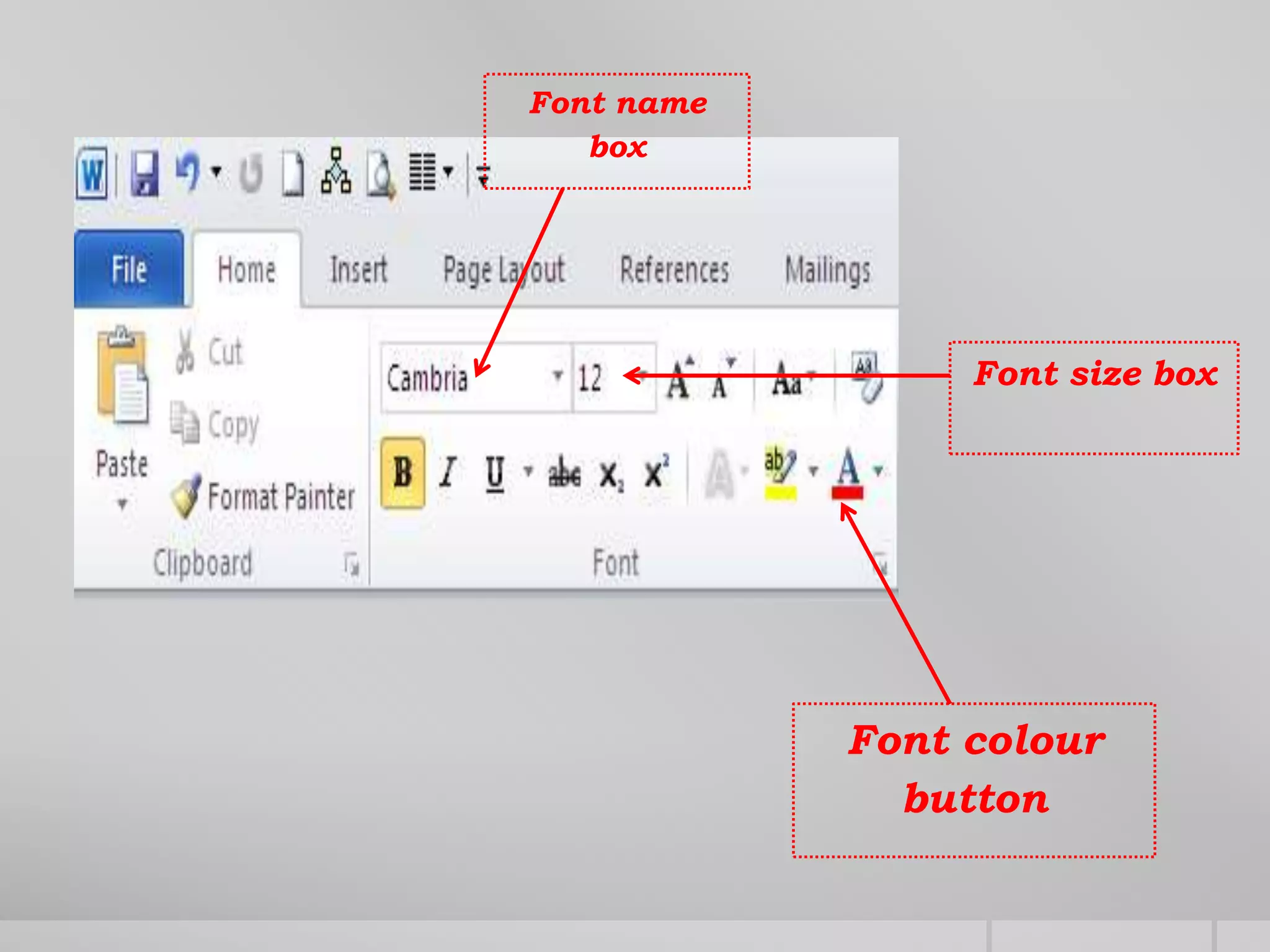 Font name
box
Font colour
button
Font size box
 